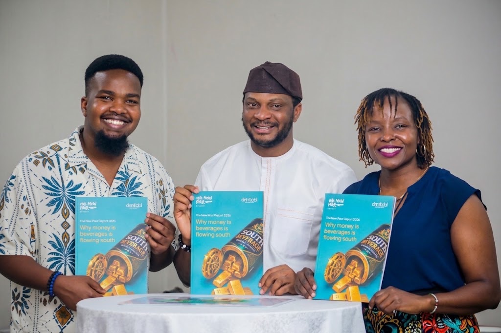 Kanyi Kiuru, Tosin Balogun and Effie Thiong'o holding The New Pour Report 2026